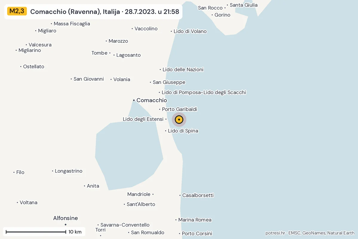 Karta: okolica epicentra, 60 km, potres M2,3, Comacchio (Ravenna), Italija, 28.7.2023.
