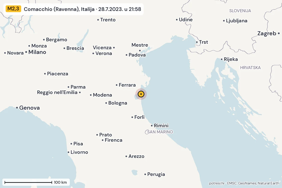 Karta: šire područje, 600 km, potres M2,3, Comacchio (Ravenna), Italija, 28.7.2023.