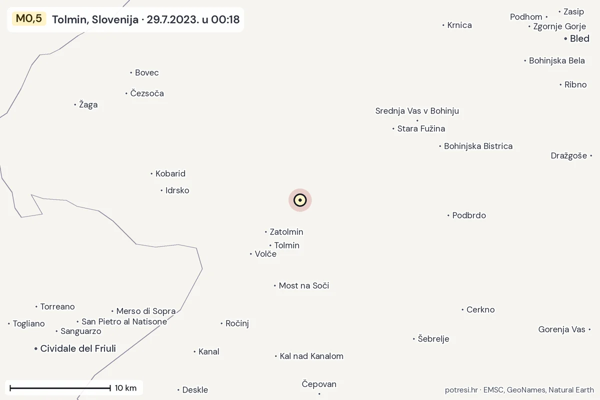 Karta: okolica epicentra, 60 km, potres M0,5, Tolmin, Slovenija, 29.7.2023.