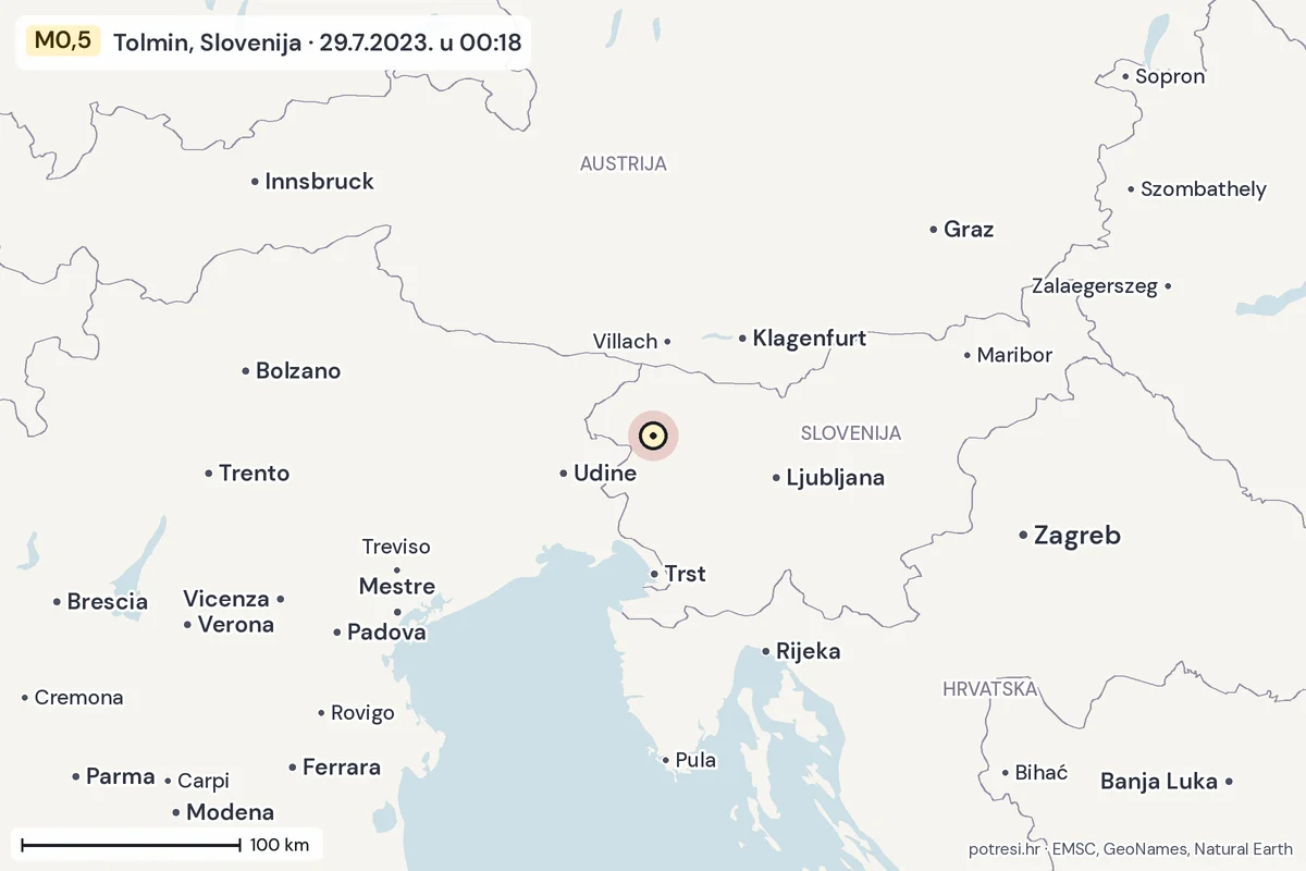 Karta: šire područje, 600 km, potres M0,5, Tolmin, Slovenija, 29.7.2023.