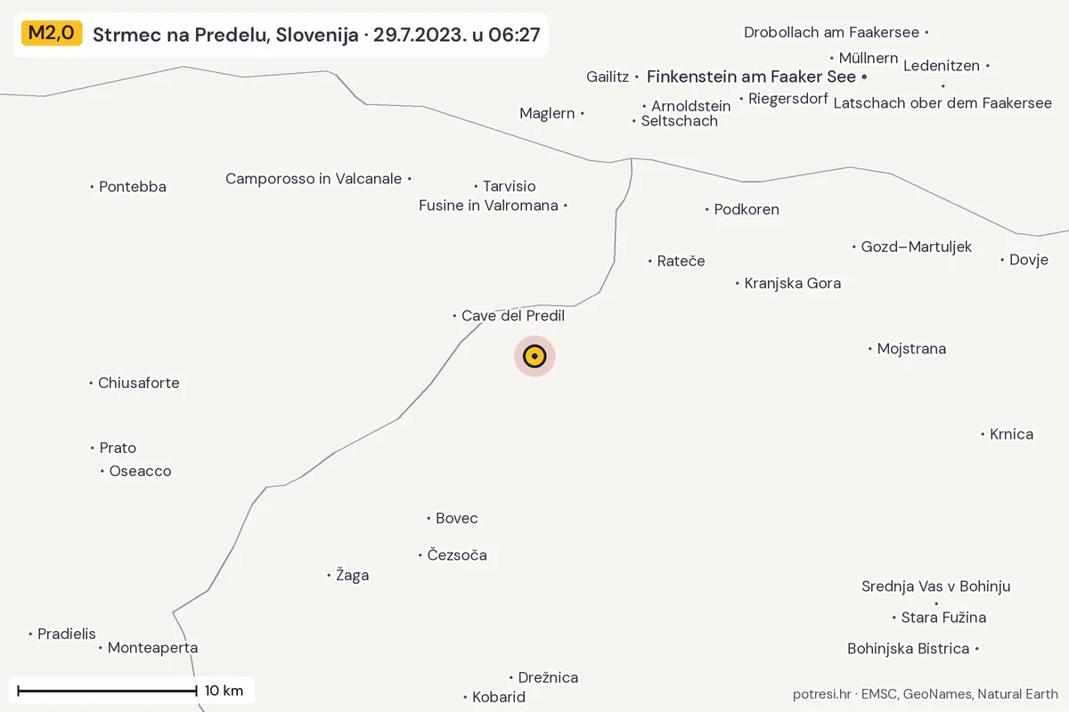 Karta: okolica epicentra, 60 km, potres M2,0, Strmec na Predelu, Slovenija, 29.7.2023.