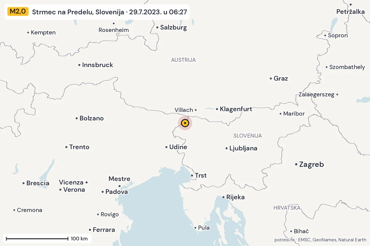Karta: šire područje, 600 km, potres M2,0, Strmec na Predelu, Slovenija, 29.7.2023.