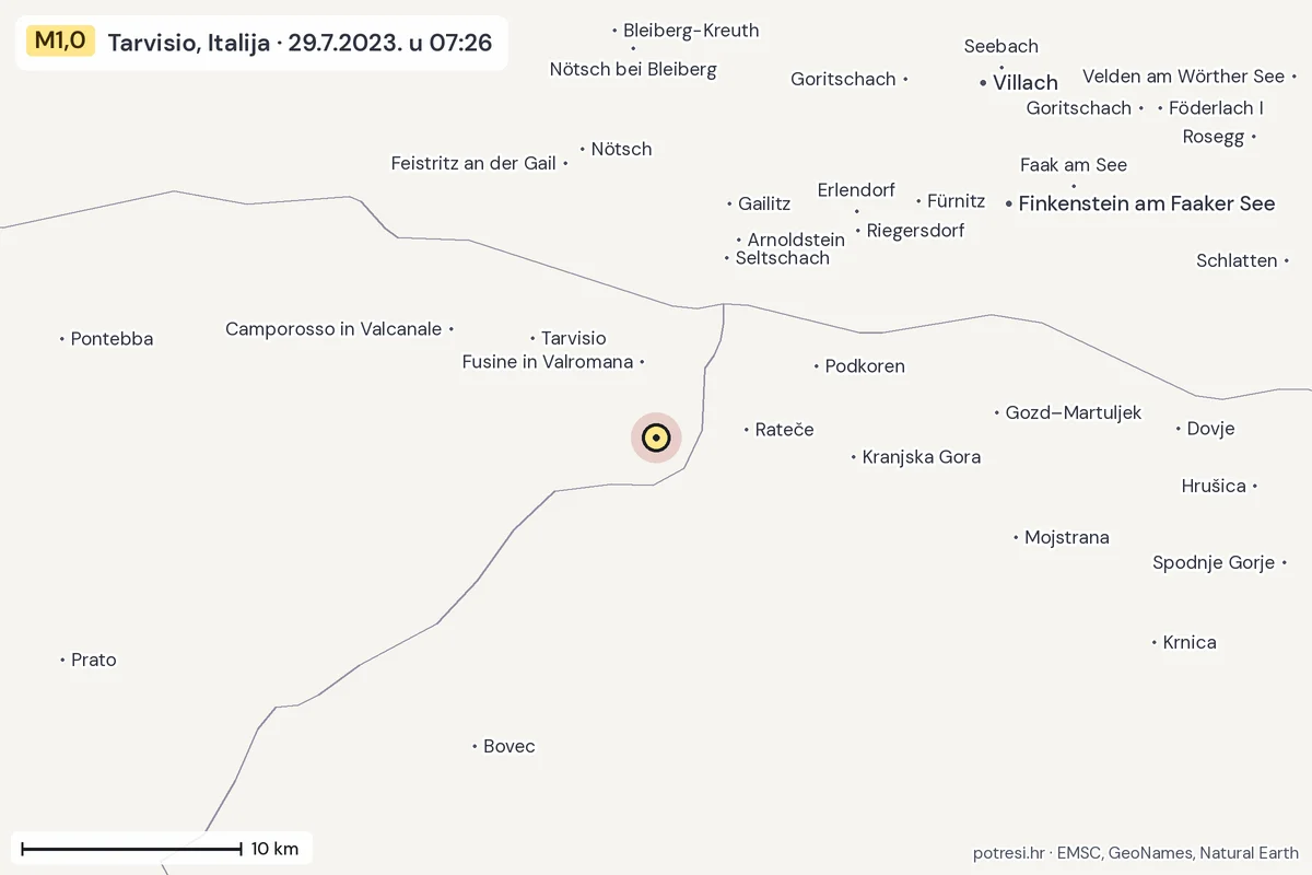 Karta: okolica epicentra, 60 km, potres M1,0, Tarvisio, Italija, 29.7.2023.