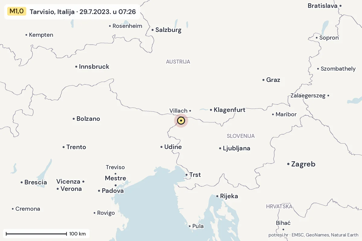 Karta: šire područje, 600 km, potres M1,0, Tarvisio, Italija, 29.7.2023.