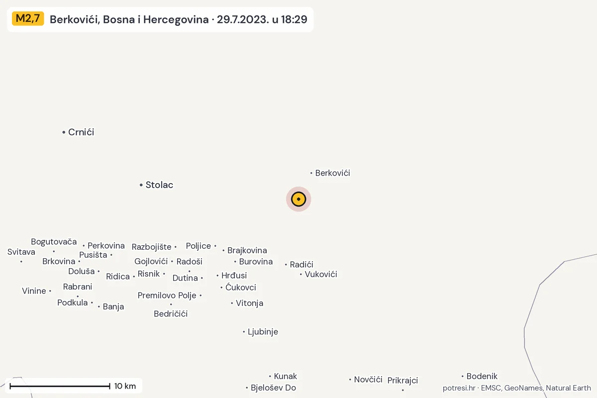 Karta: okolica epicentra, 60 km, potres M2,7, Berkovići, Bosna i Hercegovina, 29.7.2023.