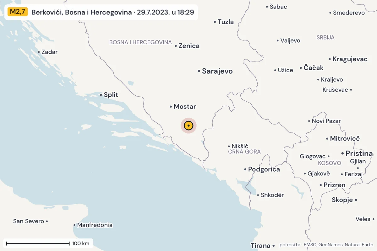 Karta: šire područje, 600 km, potres M2,7, Berkovići, Bosna i Hercegovina, 29.7.2023.