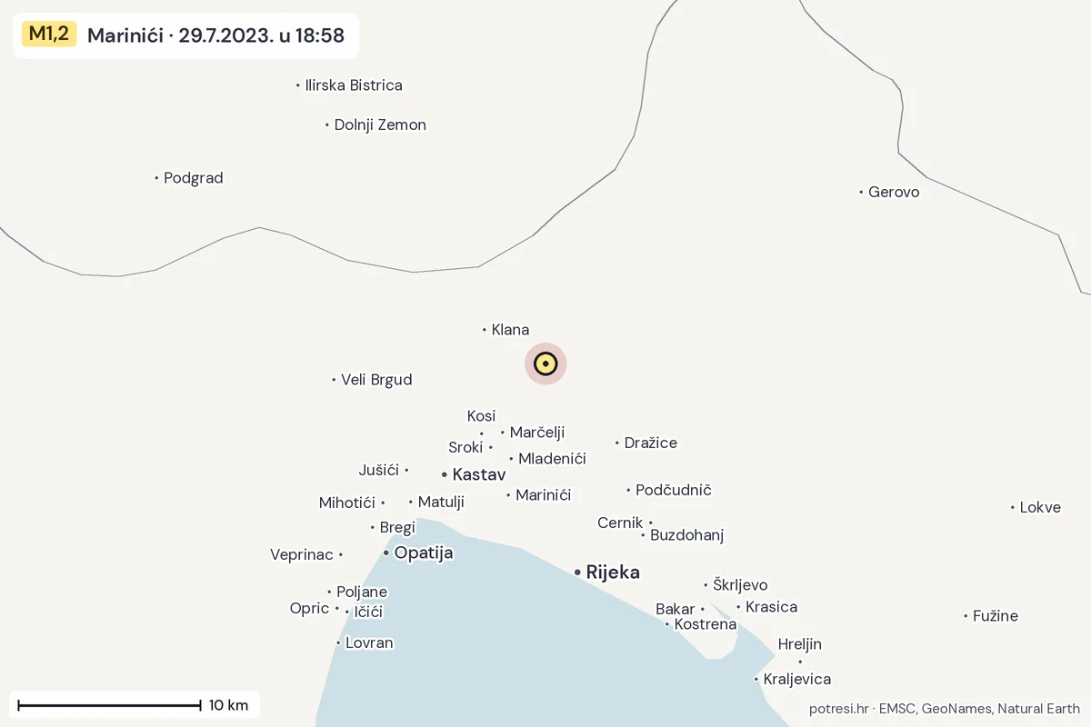 Karta: okolica epicentra, 60 km, potres M1,2, Marinići, 29.7.2023.