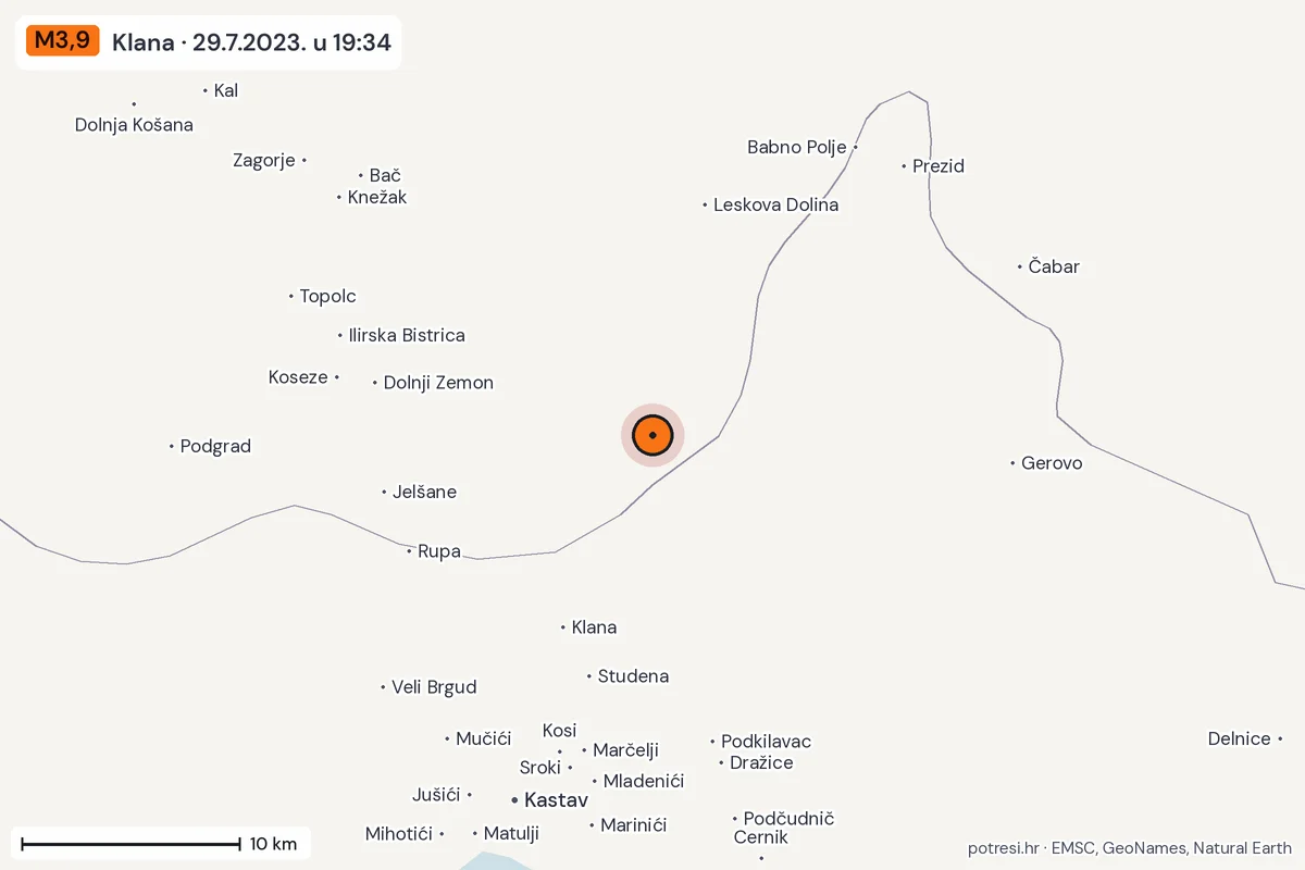 Karta: okolica epicentra, 60 km, potres M3,9, Klana, 29.7.2023.