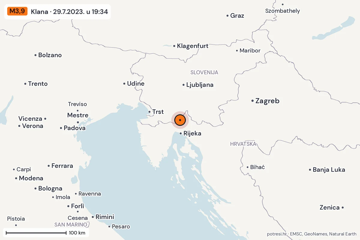 Karta: šire područje, 600 km, potres M3,9, Klana, 29.7.2023.