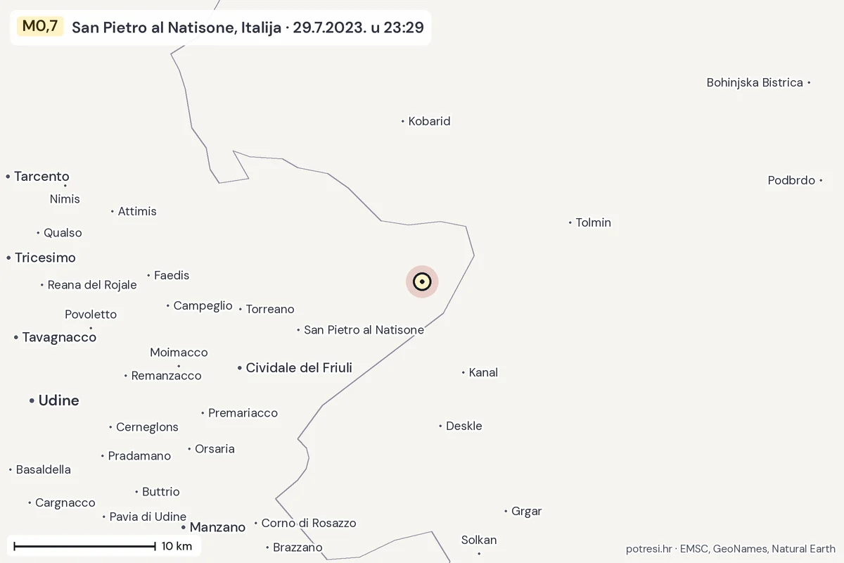 Karta: okolica epicentra, 60 km, potres M0,7, San Pietro al Natisone, Italija, 29.7.2023.