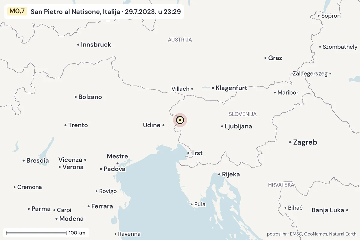 Karta: šire područje, 600 km, potres M0,7, San Pietro al Natisone, Italija, 29.7.2023.