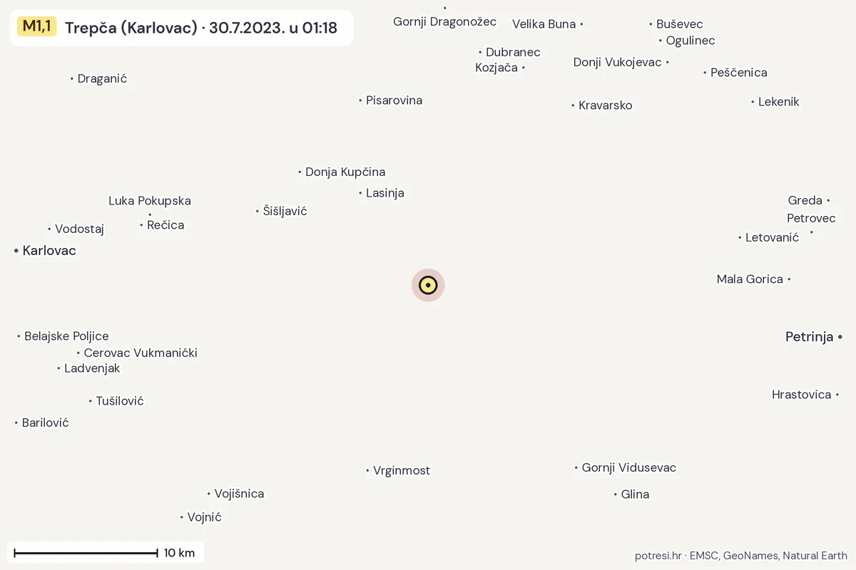 Karta: okolica epicentra, 60 km, potres M1,1, Trepča (Karlovac), 30.7.2023.