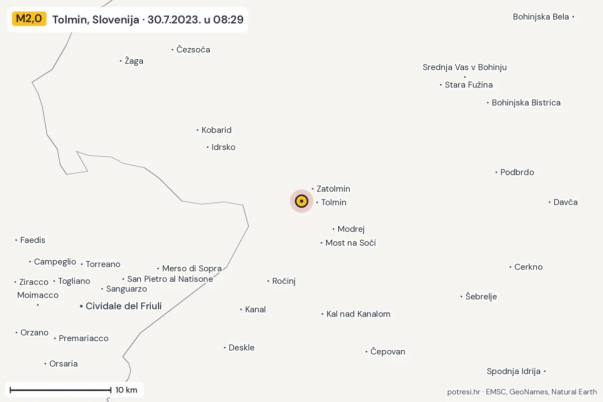 Karta: okolica epicentra, 60 km, potres M2,0, Tolmin, Slovenija, 30.7.2023.