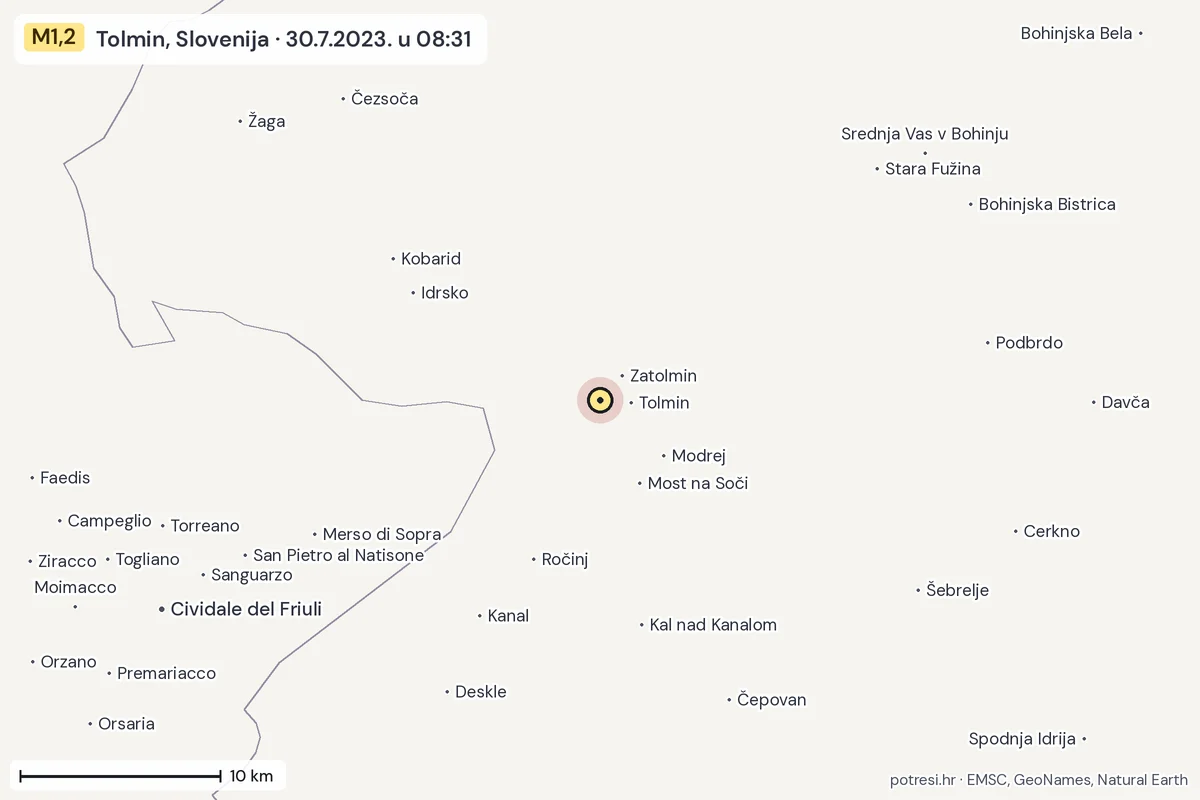 Karta: okolica epicentra, 60 km, potres M1,2, Tolmin, Slovenija, 30.7.2023.