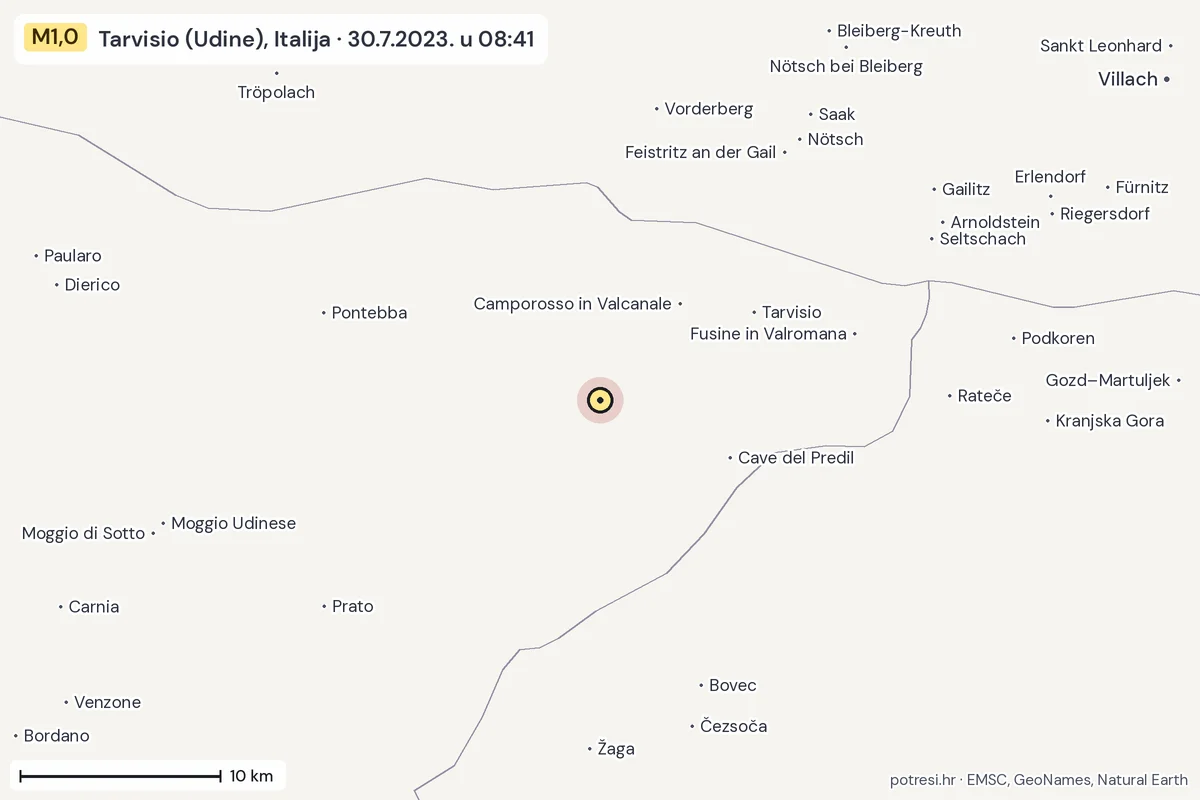 Karta: okolica epicentra, 60 km, potres M1,0, Tarvisio (Udine), Italija, 30.7.2023.