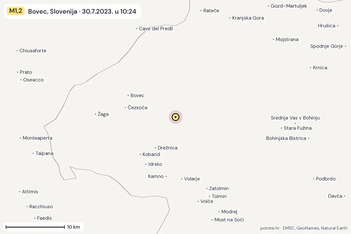 Karta: okolica epicentra, 60 km, potres M1,2, Bovec, Slovenija, 30.7.2023.