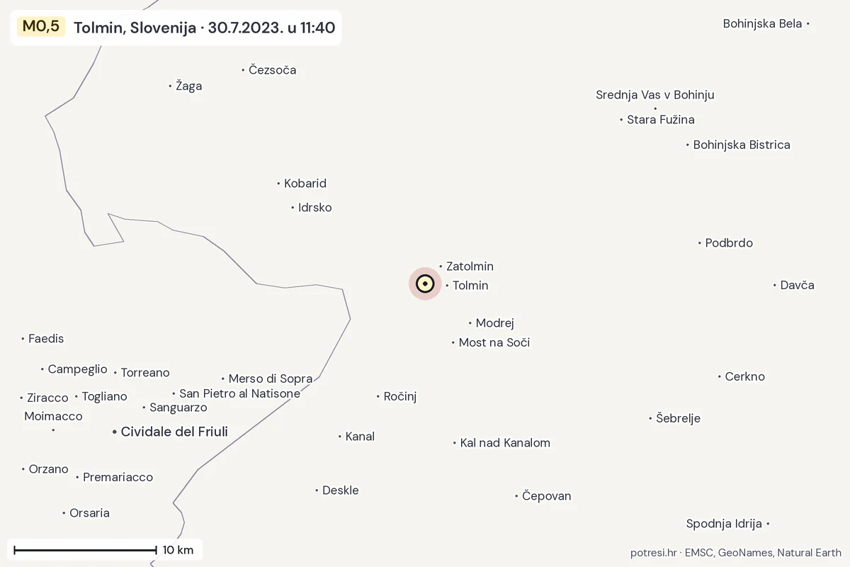 Karta: okolica epicentra, 60 km, potres M0,5, Tolmin, Slovenija, 30.7.2023.