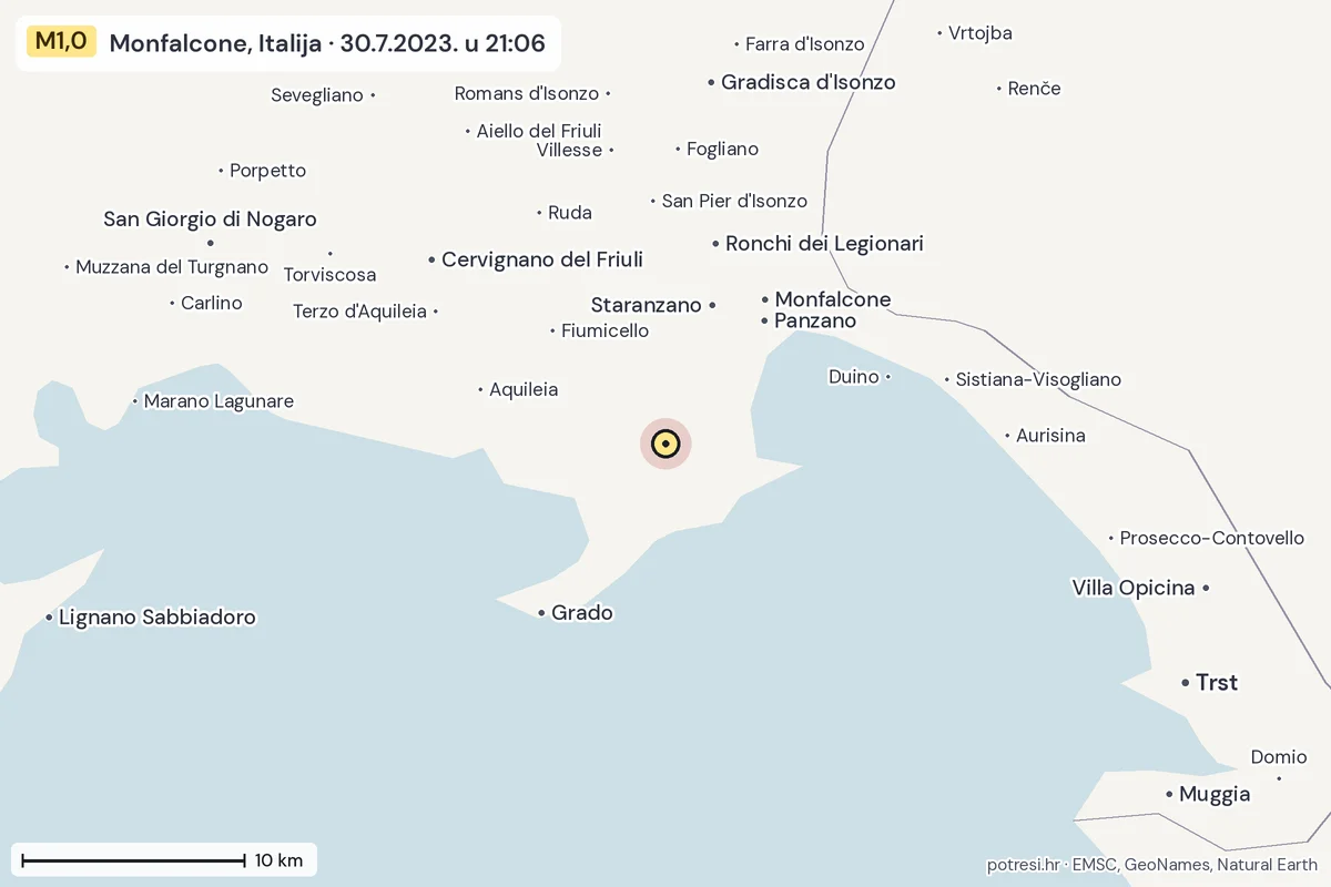 Karta: okolica epicentra, 60 km, potres M1,0, Monfalcone, Italija, 30.7.2023.