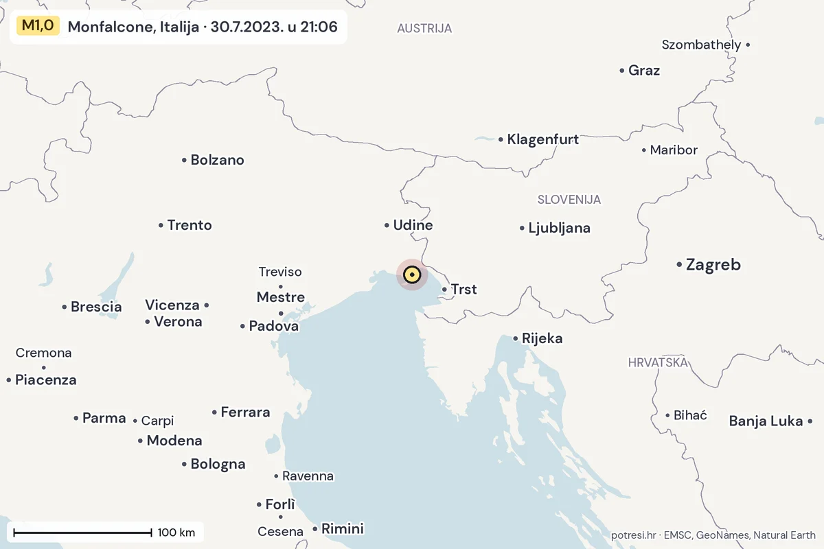 Karta: šire područje, 600 km, potres M1,0, Monfalcone, Italija, 30.7.2023.