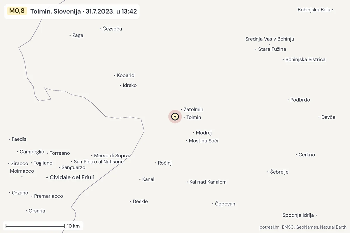 Karta: okolica epicentra, 60 km, potres M0,8, Tolmin, Slovenija, 31.7.2023.