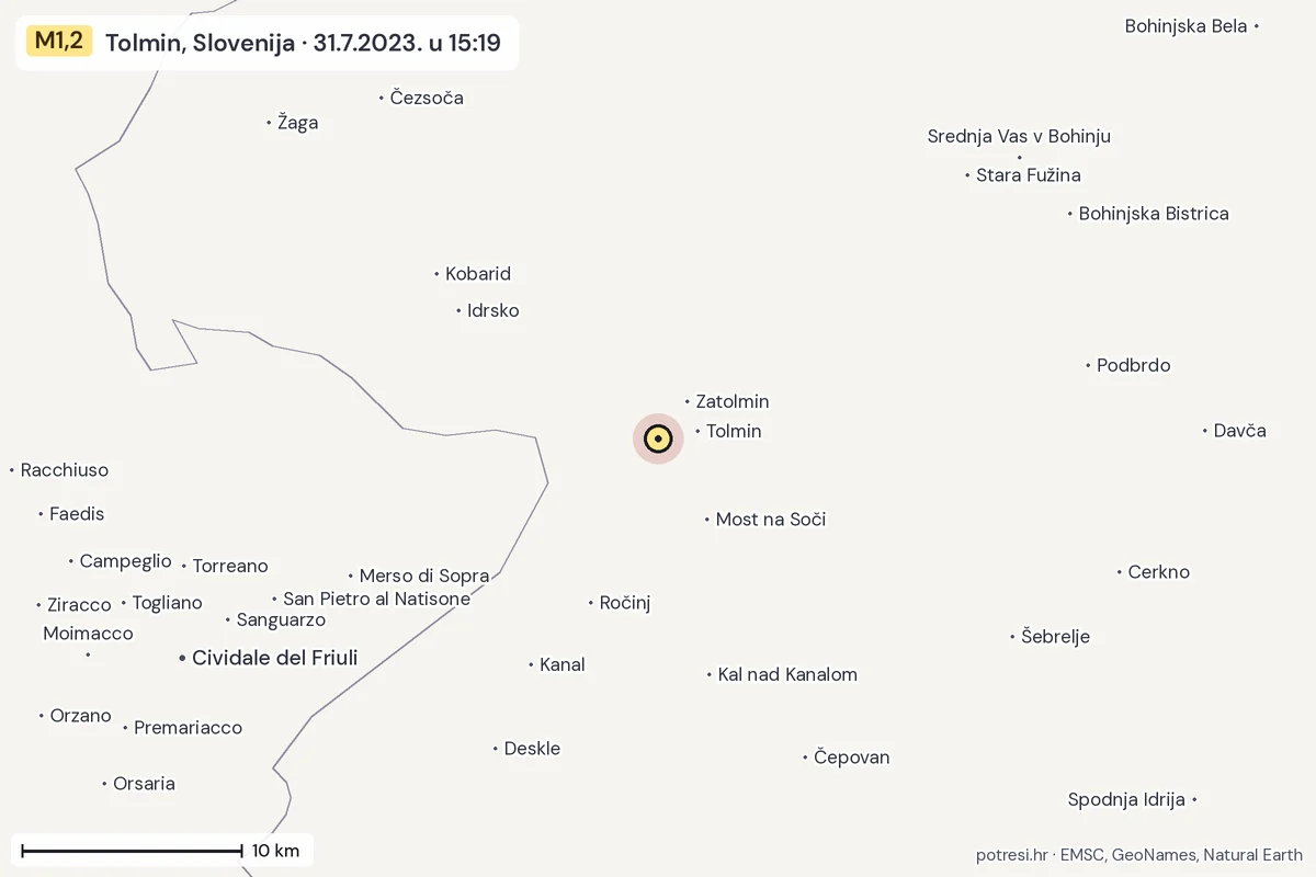Karta: okolica epicentra, 60 km, potres M1,2, Tolmin, Slovenija, 31.7.2023.