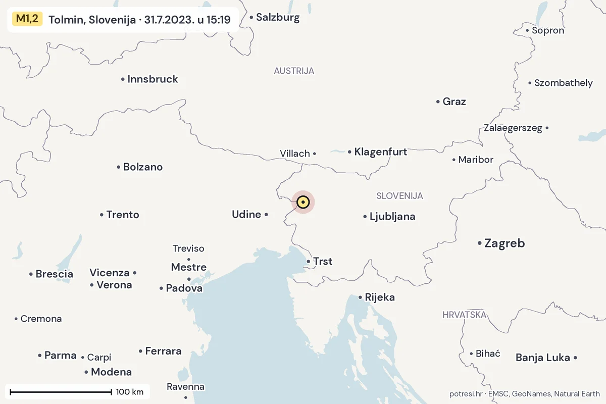 Karta: šire područje, 600 km, potres M1,2, Tolmin, Slovenija, 31.7.2023.