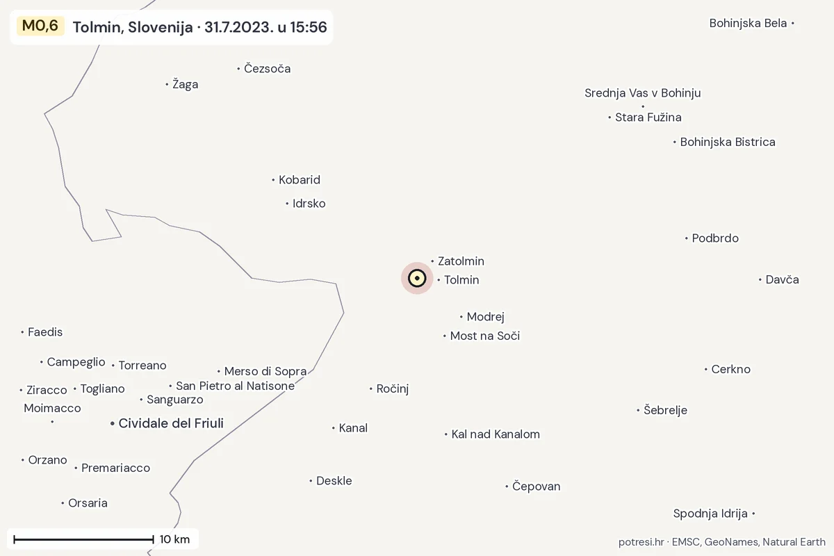 Karta: okolica epicentra, 60 km, potres M0,6, Tolmin, Slovenija, 31.7.2023.