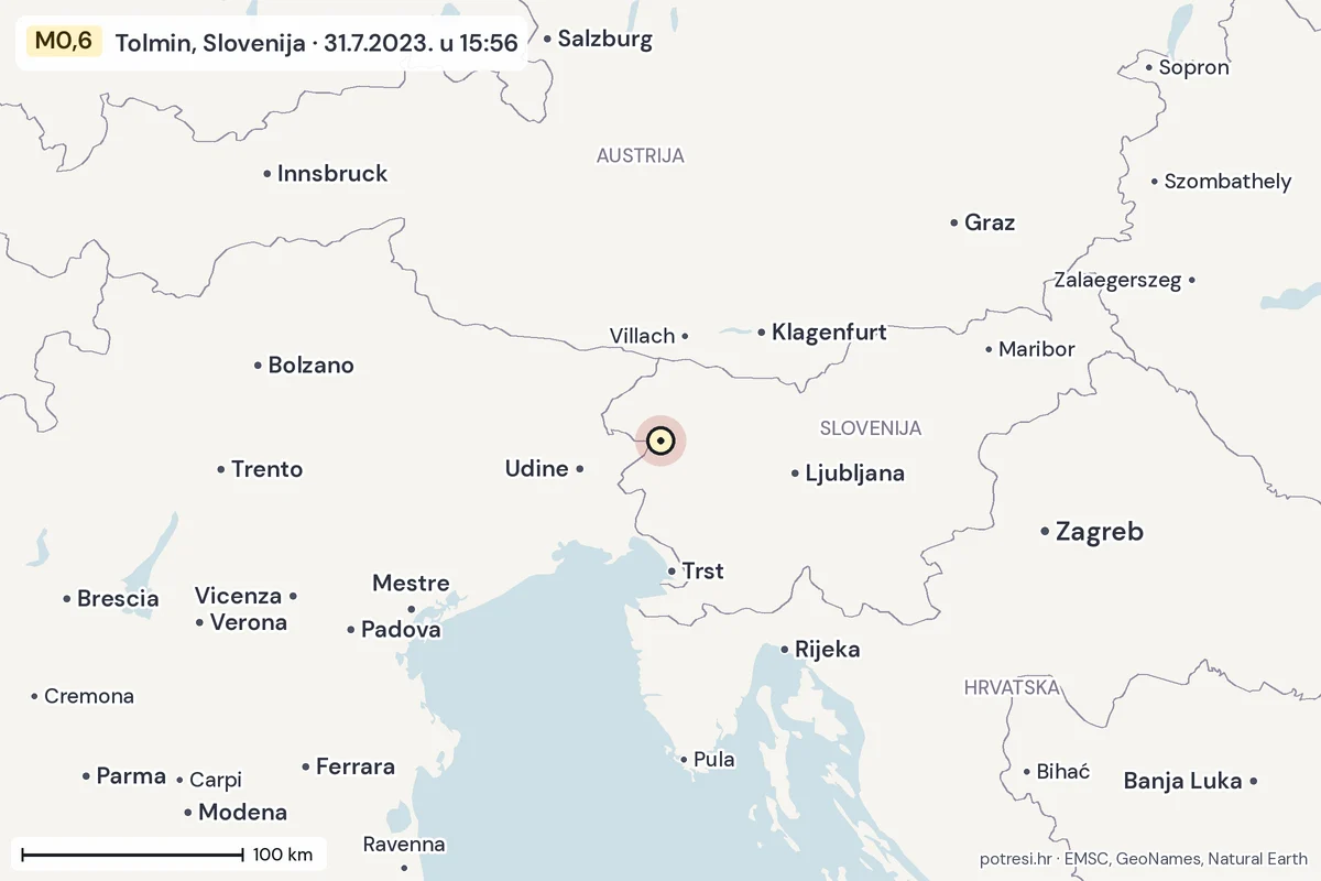 Karta: šire područje, 600 km, potres M0,6, Tolmin, Slovenija, 31.7.2023.