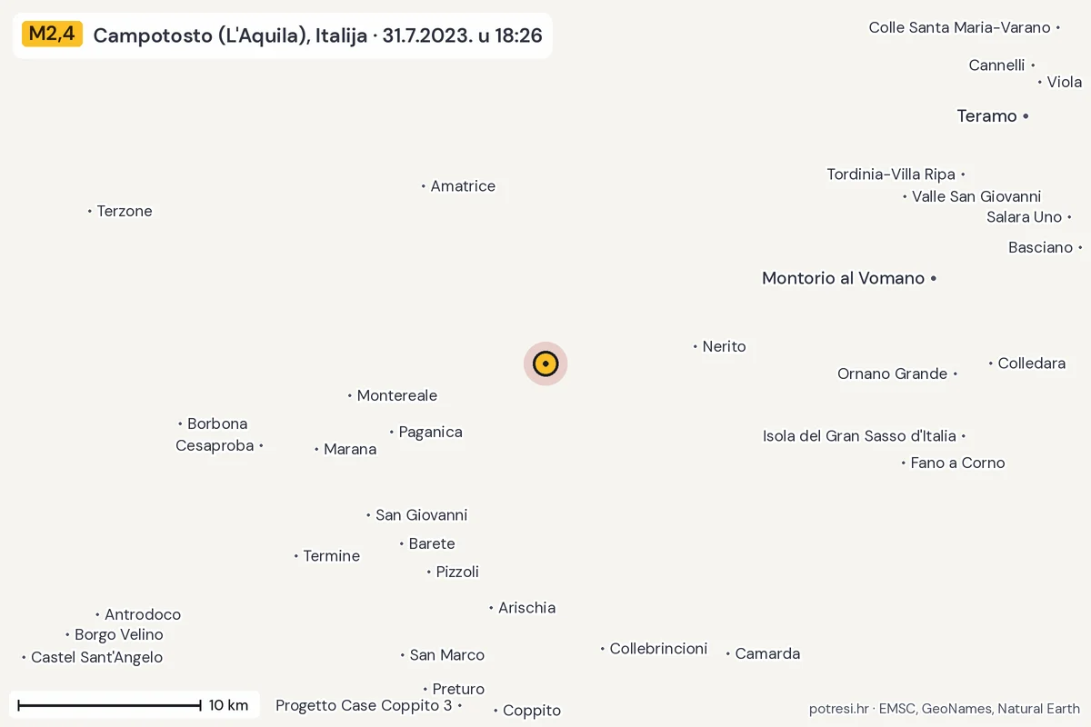 Karta: okolica epicentra, 60 km, potres M2,4, Campotosto (L'Aquila), Italija, 31.7.2023.