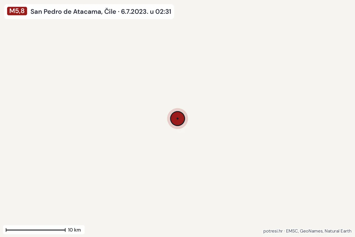 Karta: okolica epicentra, 60 km, potres M5,8, San Pedro de Atacama, Čile, 6.7.2023.