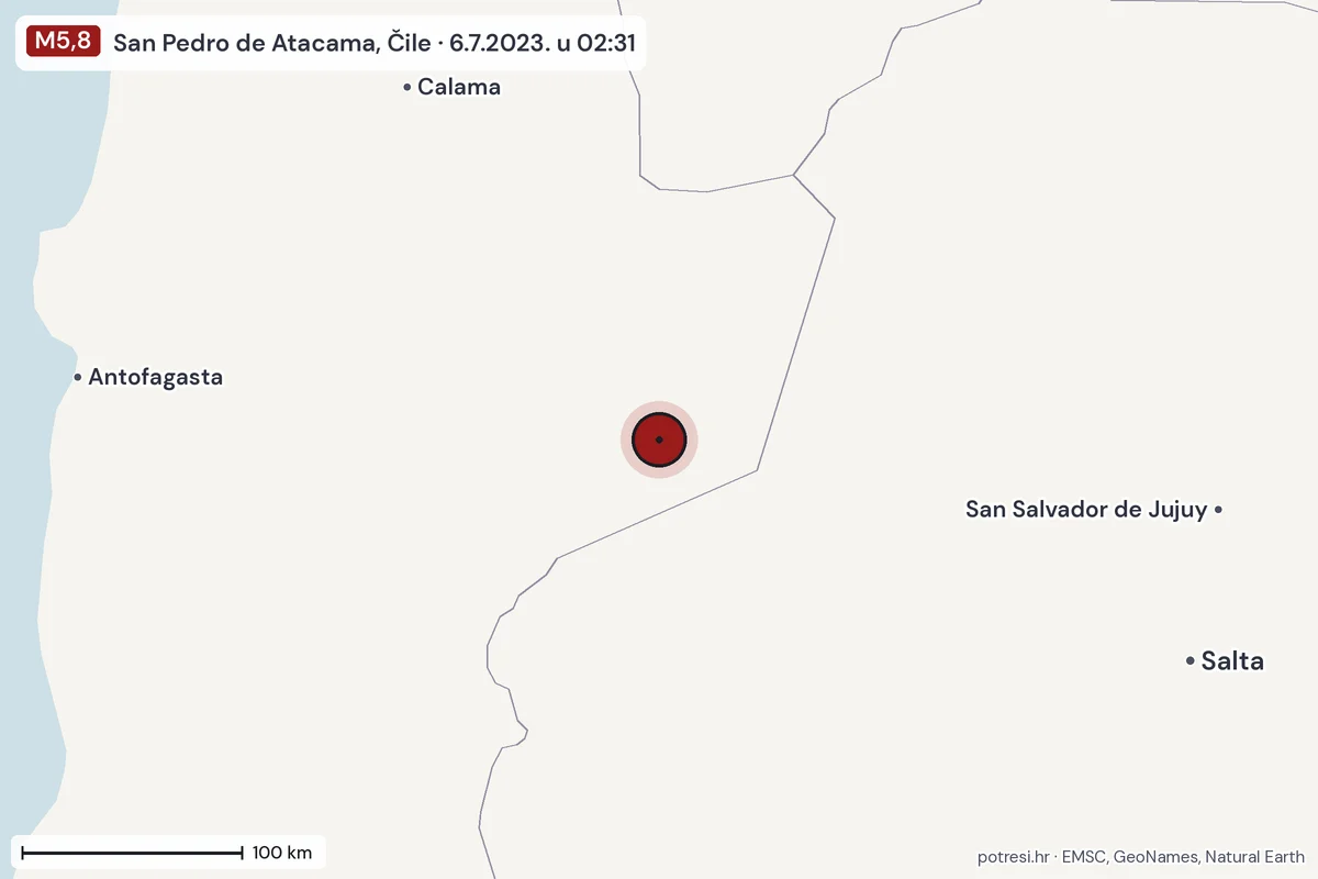 Karta: šire područje, 600 km, potres M5,8, San Pedro de Atacama, Čile, 6.7.2023.