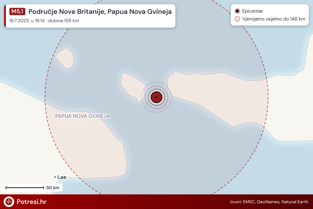 Karta: šire područje i vjerojatni doseg osjeta, potres M5,1, Područje Nove Britanije, Papua Nova Gvineja, 16.7.2023.