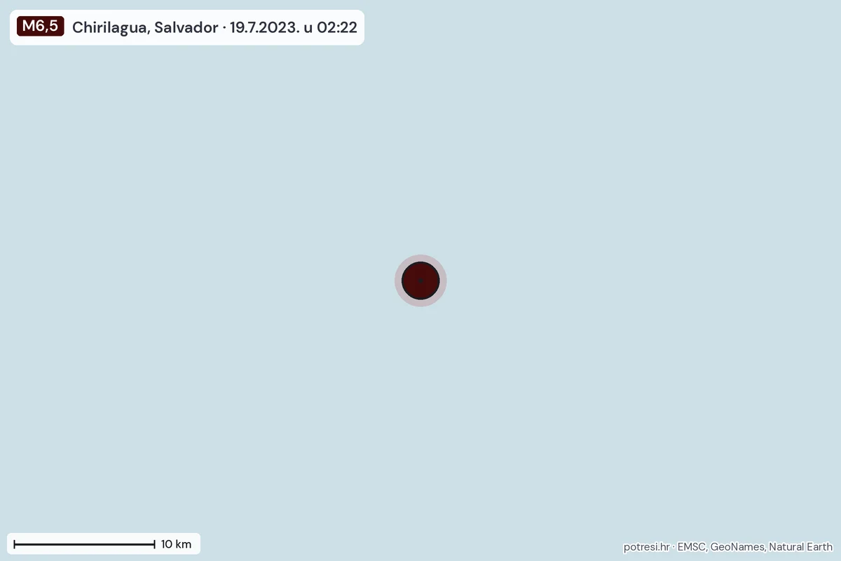 Karta: okolica epicentra, 60 km, potres M6,5, Chirilagua, Salvador, 19.7.2023.