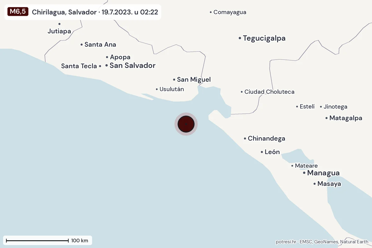 Karta: šire područje, 600 km, potres M6,5, Chirilagua, Salvador, 19.7.2023.
