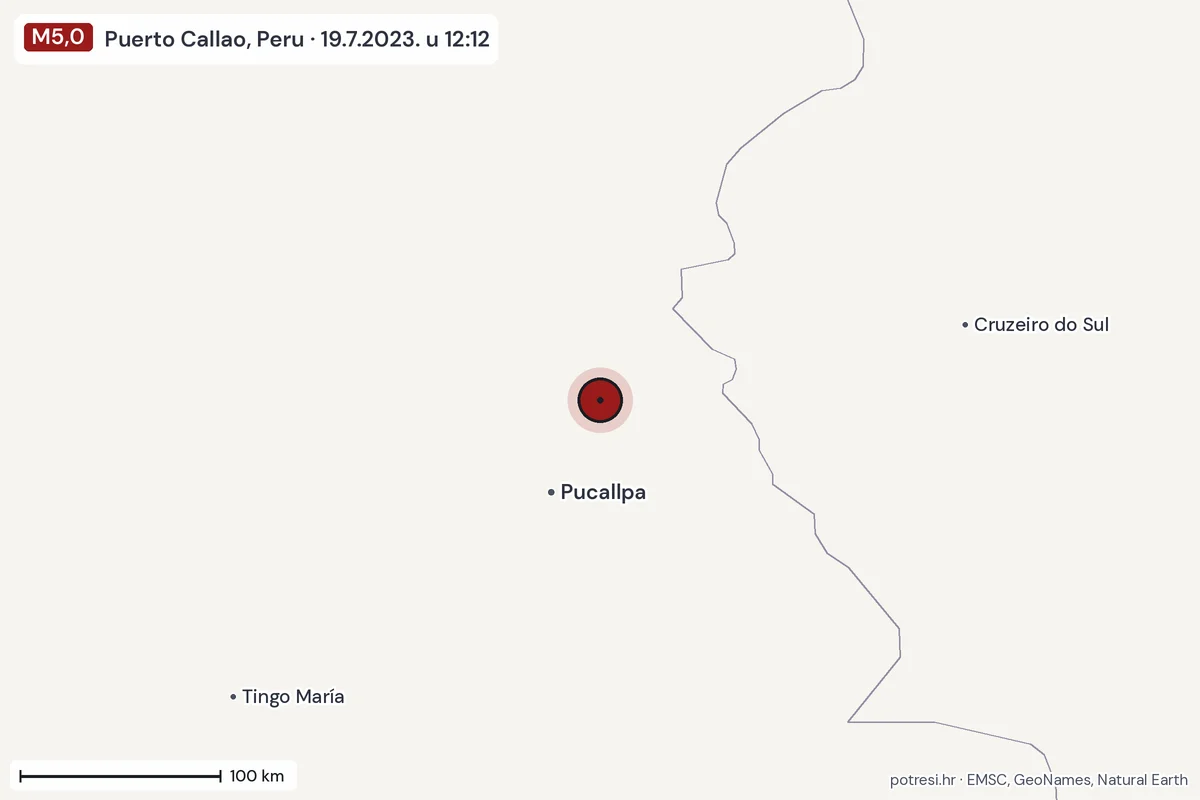 Karta: šire područje, 600 km, potres M5,0, Puerto Callao, Peru, 19.7.2023.