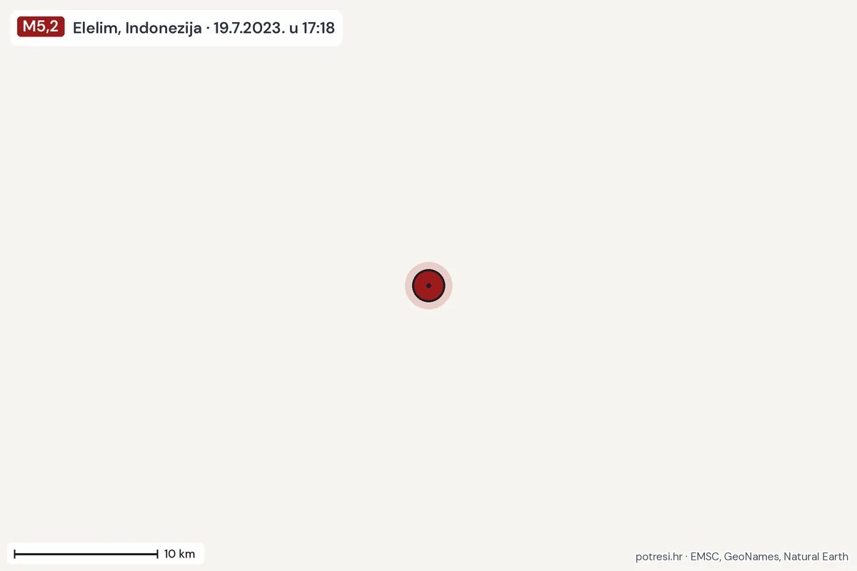 Karta: okolica epicentra, 60 km, potres M5,2, Elelim, Indonezija, 19.7.2023.