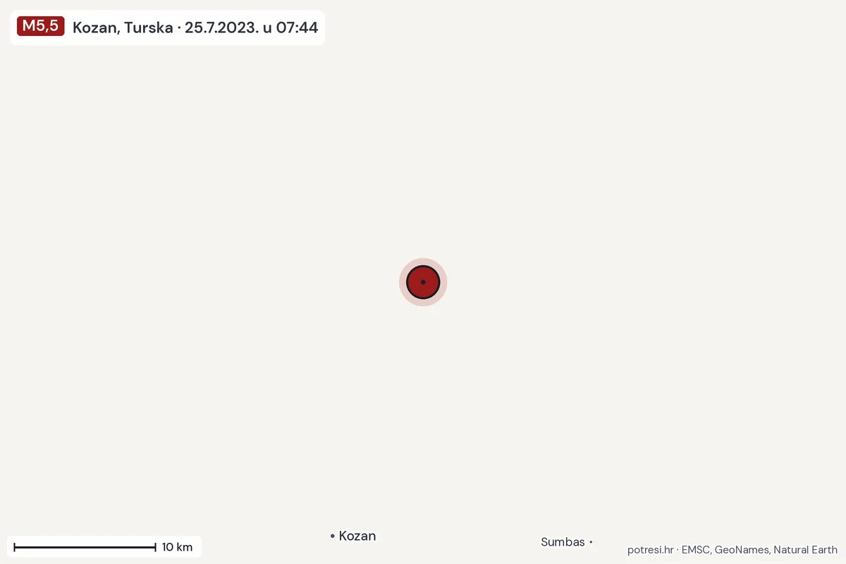 Karta: okolica epicentra, 60 km, potres M5,5, Kozan, Turska, 25.7.2023.