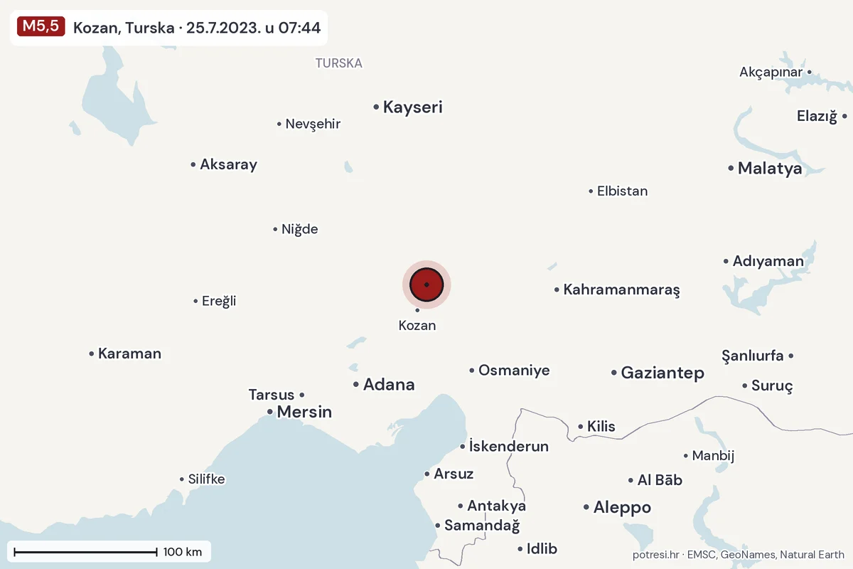 Karta: šire područje, 600 km, potres M5,5, Kozan, Turska, 25.7.2023.