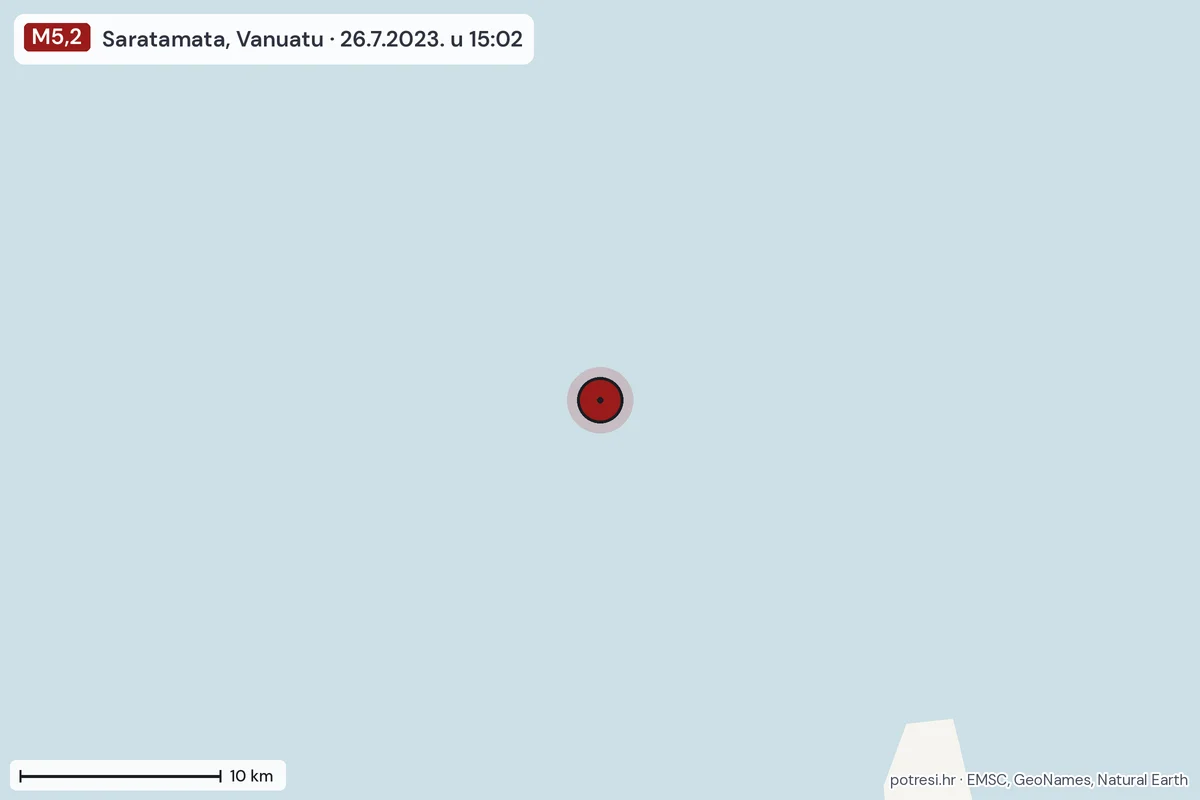 Karta: okolica epicentra, 60 km, potres M5,2, Saratamata, Vanuatu, 26.7.2023.