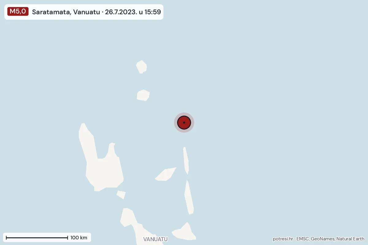 Karta: šire područje, 600 km, potres M5,0, Saratamata, Vanuatu, 26.7.2023.