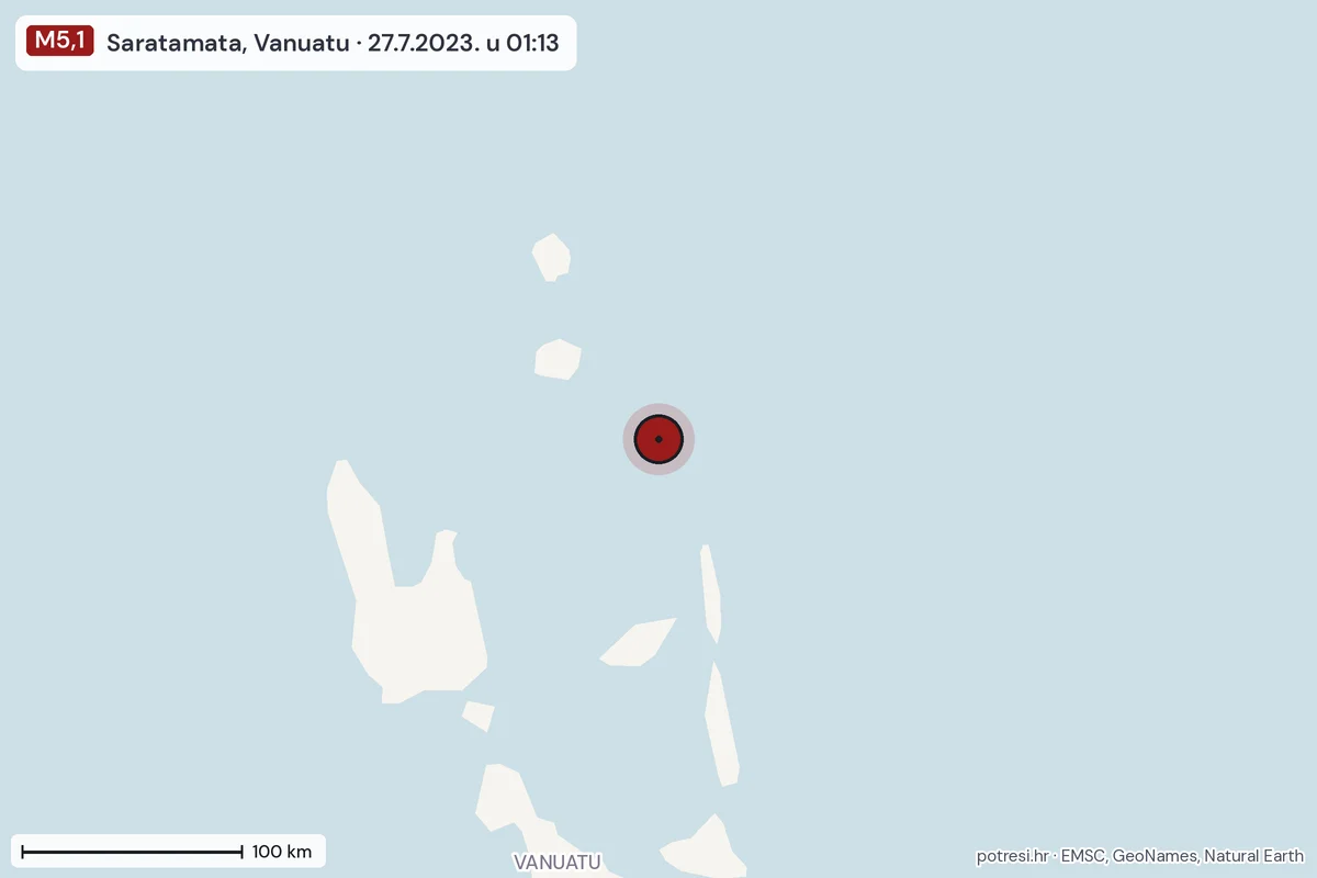 Karta: šire područje, 600 km, potres M5,1, Saratamata, Vanuatu, 27.7.2023.