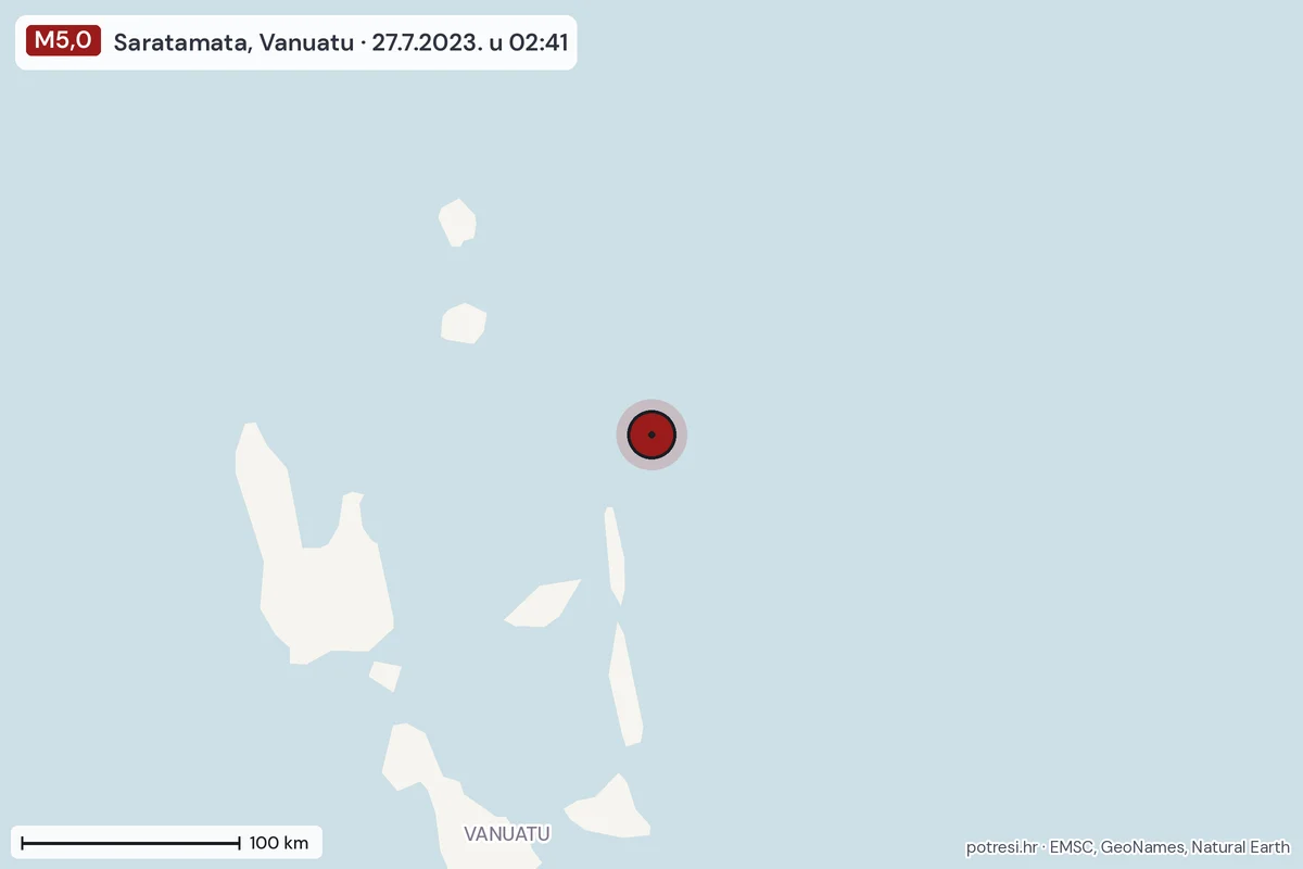 Karta: šire područje, 600 km, potres M5,0, Saratamata, Vanuatu, 27.7.2023.
