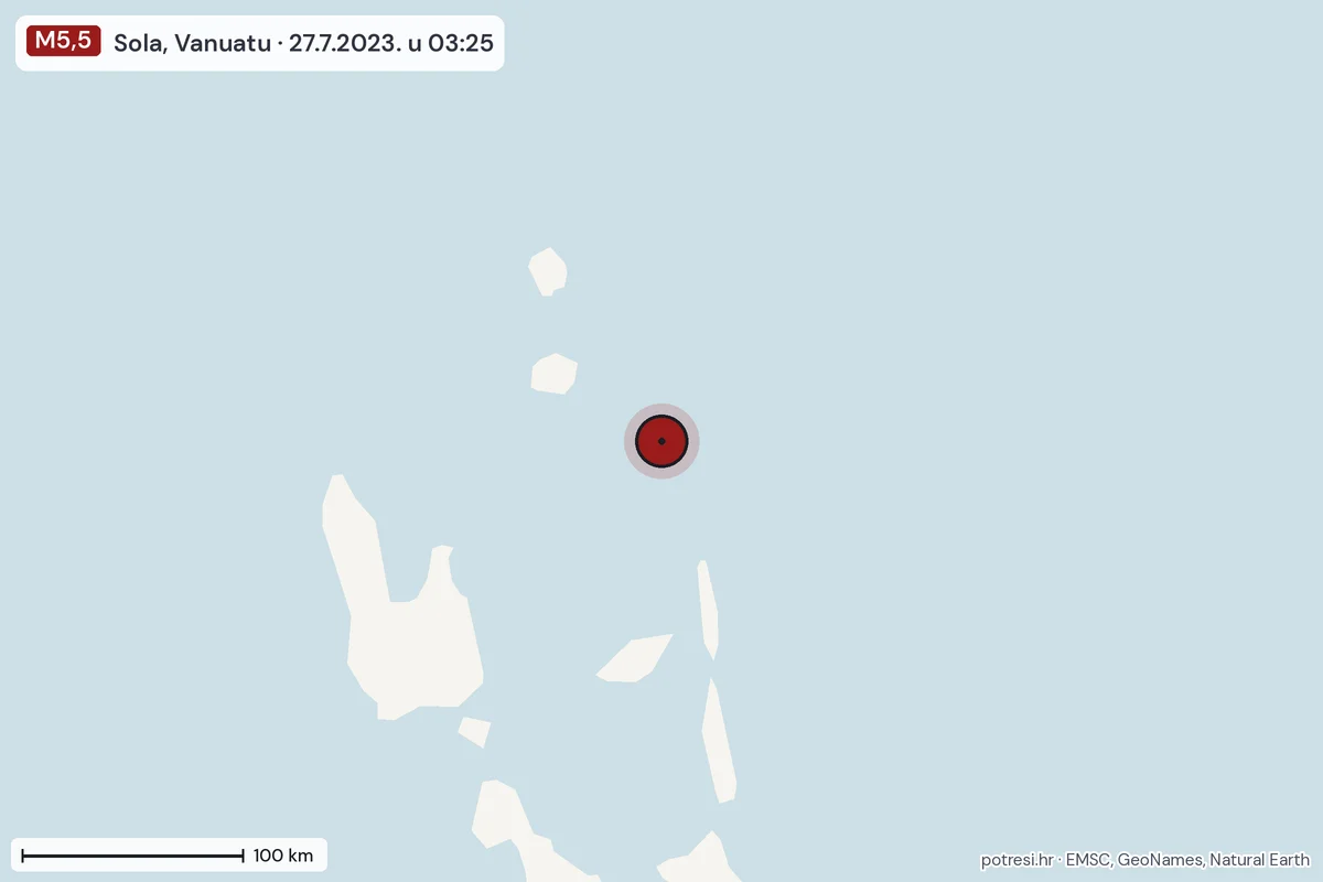 Karta: šire područje, 600 km, potres M5,5, Sola, Vanuatu, 27.7.2023.