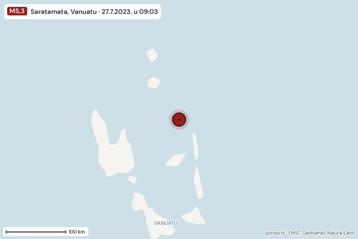Karta: šire područje, 600 km, potres M5,3, Saratamata, Vanuatu, 27.7.2023.