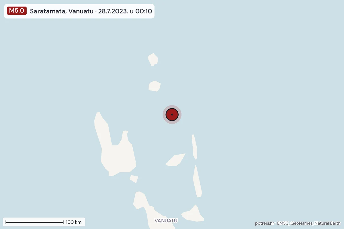 Karta: šire područje, 600 km, potres M5,0, Saratamata, Vanuatu, 28.7.2023.