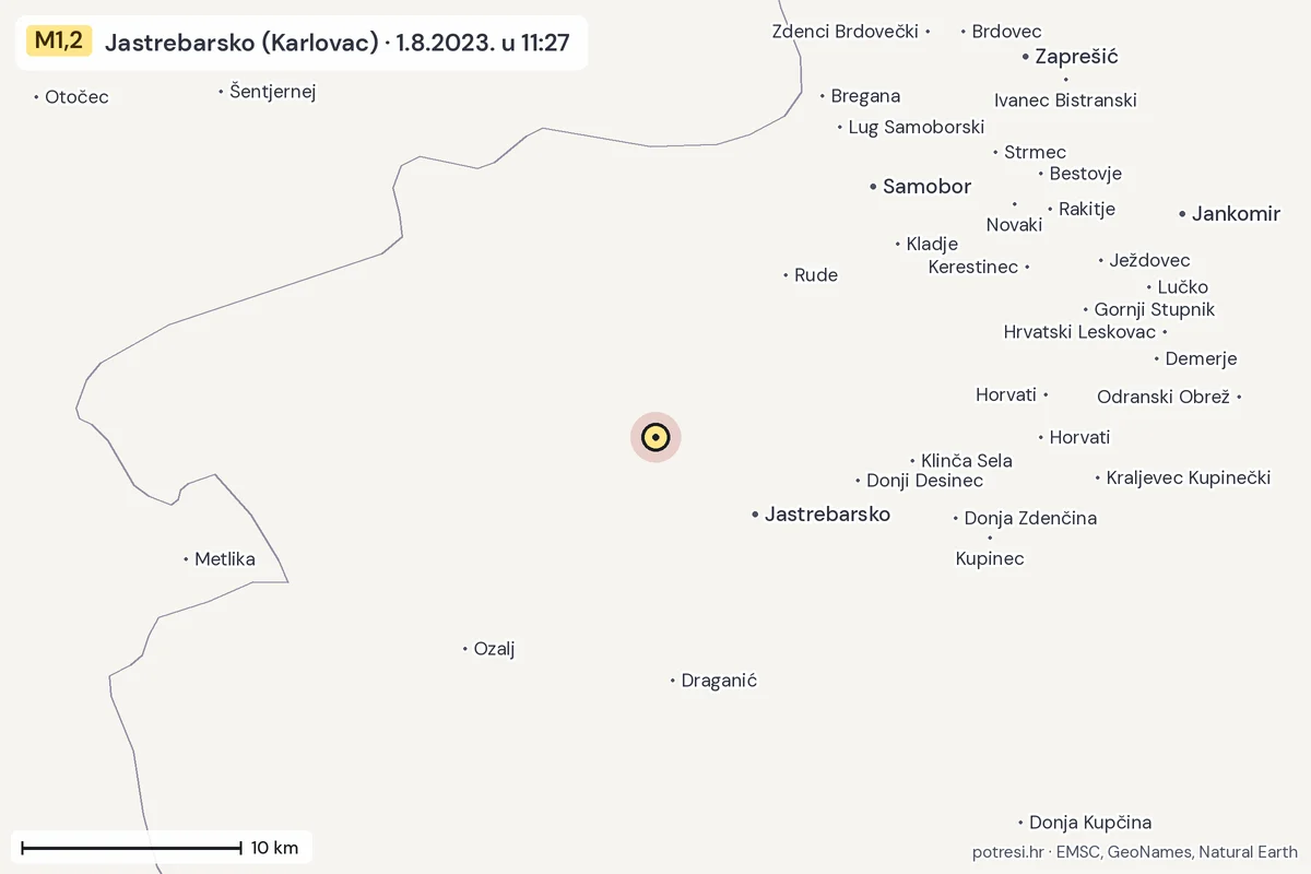 Karta: okolica epicentra, 60 km, potres M1,2, Jastrebarsko (Karlovac), 1.8.2023.