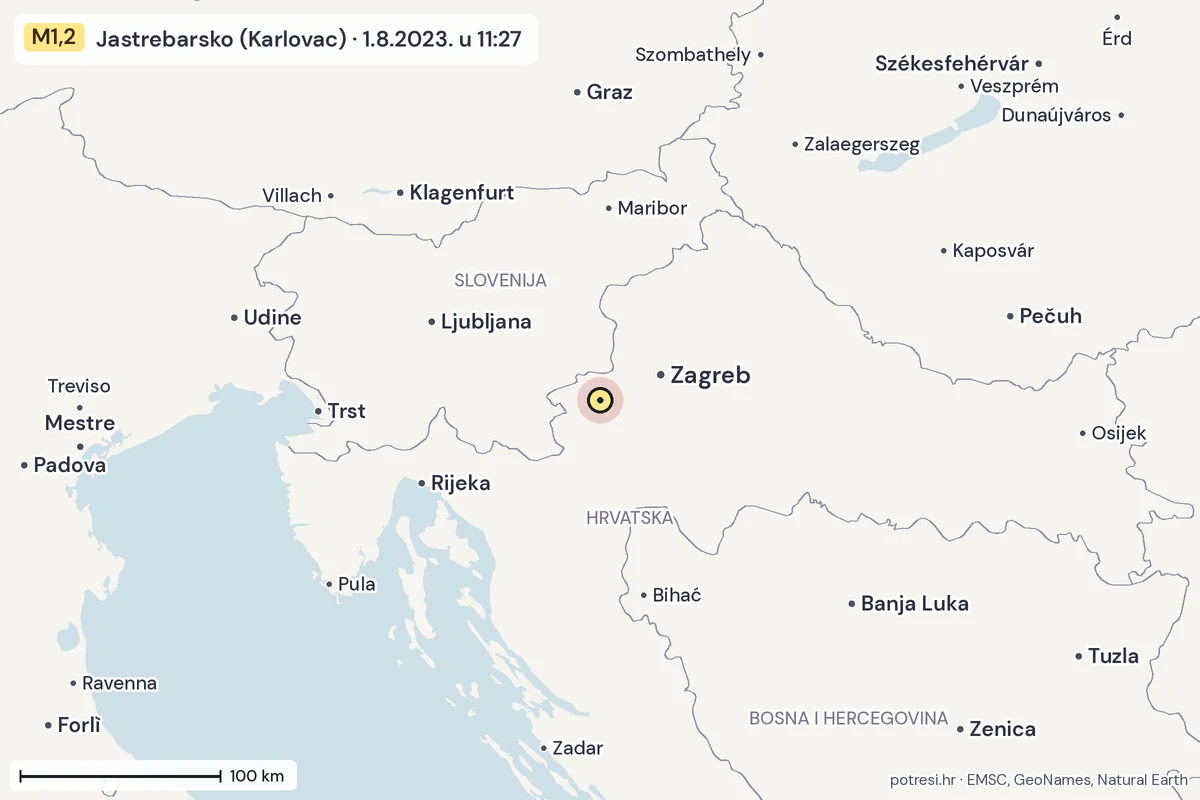 Karta: šire područje, 600 km, potres M1,2, Jastrebarsko (Karlovac), 1.8.2023.