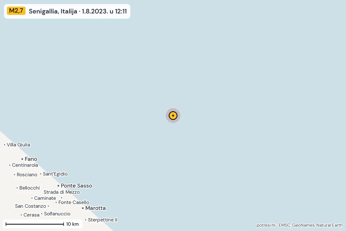 Karta: okolica epicentra, 60 km, potres M2,7, Senigallia, Italija, 1.8.2023.