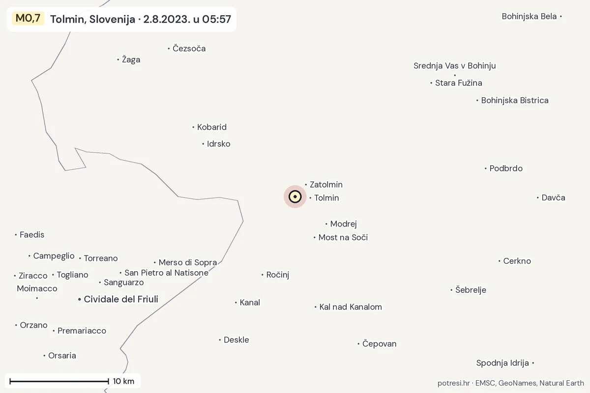 Karta: okolica epicentra, 60 km, potres M0,7, Tolmin, Slovenija, 2.8.2023.