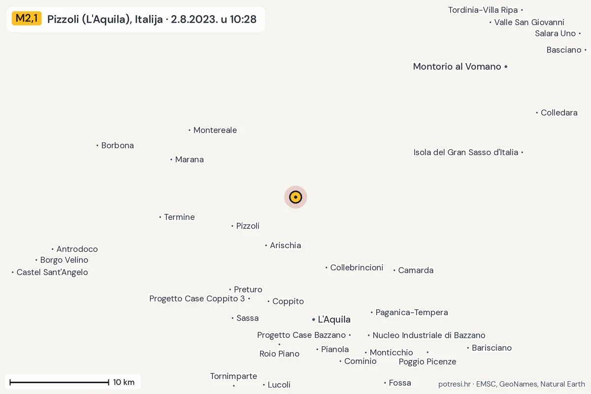 Karta: okolica epicentra, 60 km, potres M2,1, Pizzoli (L'Aquila), Italija, 2.8.2023.